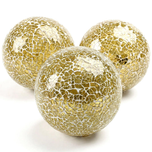 DomeStar 3PCS Decorative Balls, Mosaic Glass Orbs Centerpiece Balls 4inch Gold Orbs for Decorate Bowls Vases Tables Wedding Party