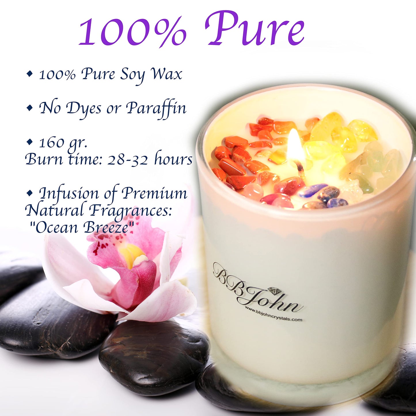 Chakra Crystal Candle - Manifestation Intention - Healing Crystals Gemstones - Seven Chakras Stones - Meditation - Spiritual Aromatherapy - Stress Relief, Relaxing & Balance - Natural Soy Wax