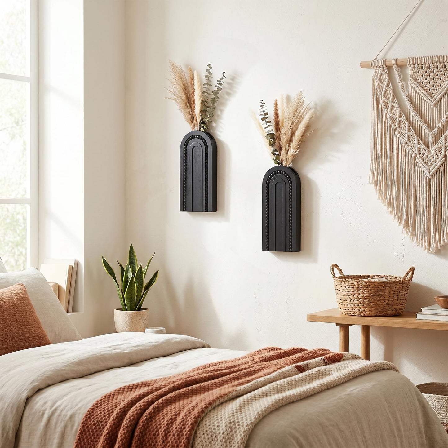 2 Pack Black Wooden Wall Vase Set, Beaded Arch Boho Hanging Wall Planters