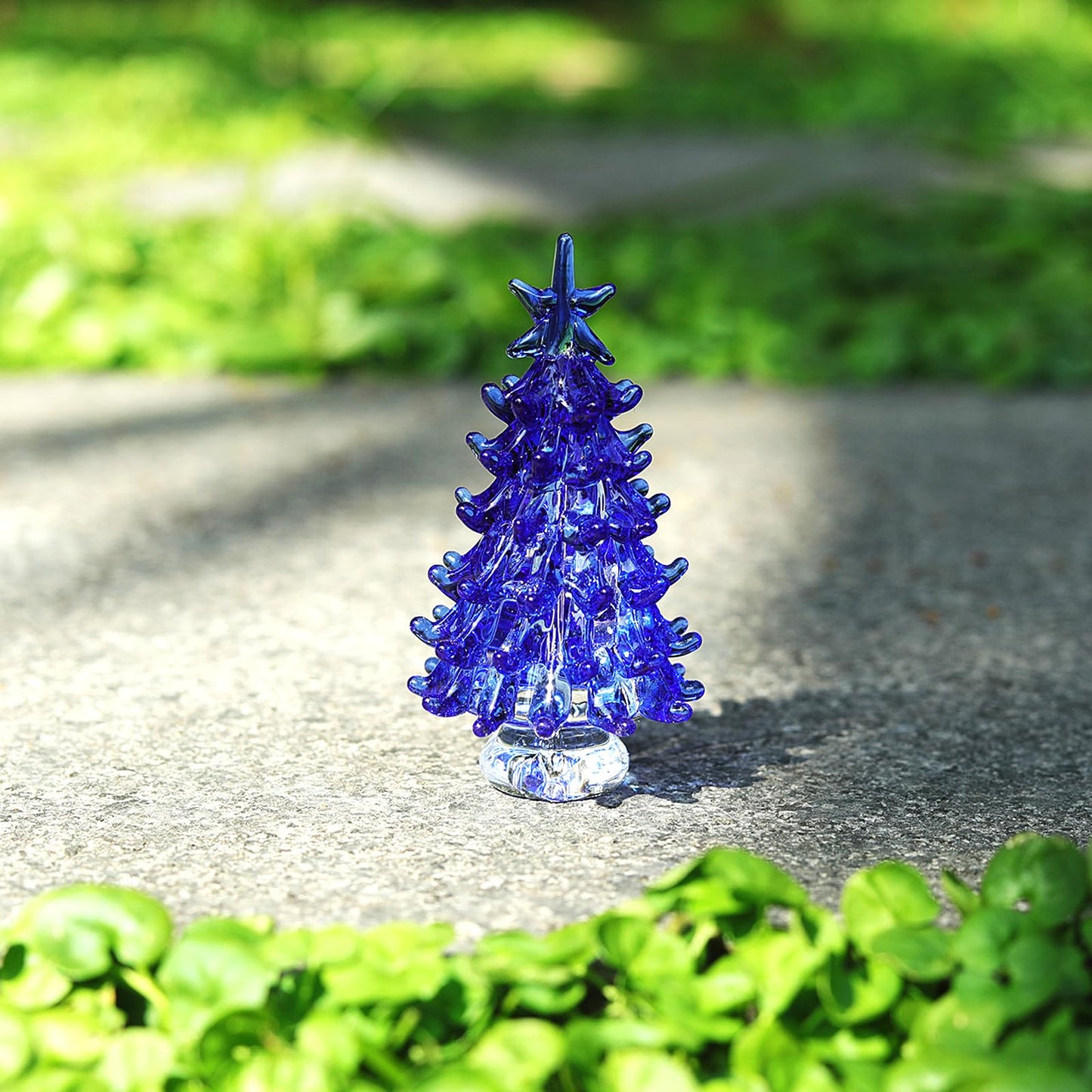 NaneTidy Blue Hand Blown Glass Christmas Tree Glass Figurine Decoration for Xmas Window Tabletop Mantel