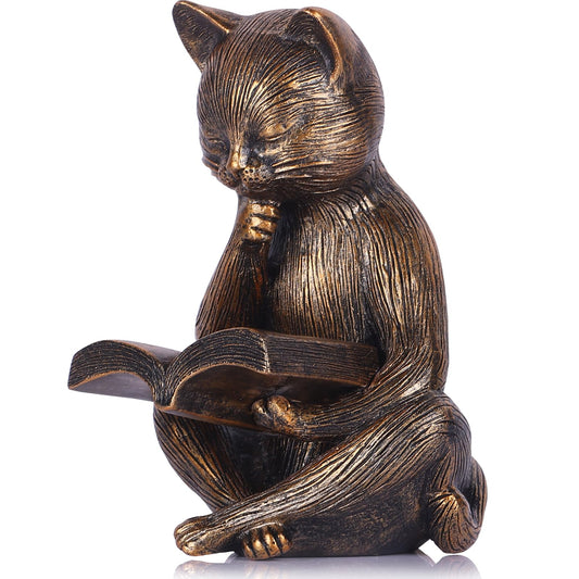 UANYEMON Reading Cat Figurine, 6.4-Inch Bronze-Finish Resin Cat Statue