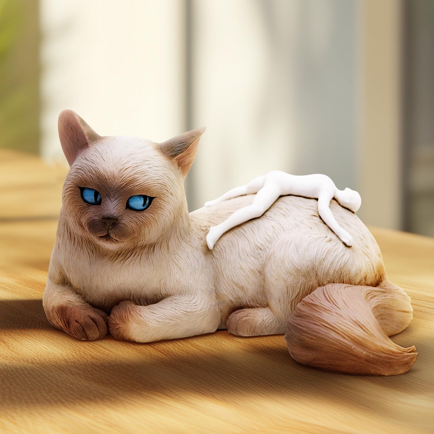 JARLL Handcrafted Birman Cat Figurine with Resting Human, Symbolic Sculpture of Trust and Emotional Bond, Unique Home Decor Gift for Cat Lovers & Pet Owners