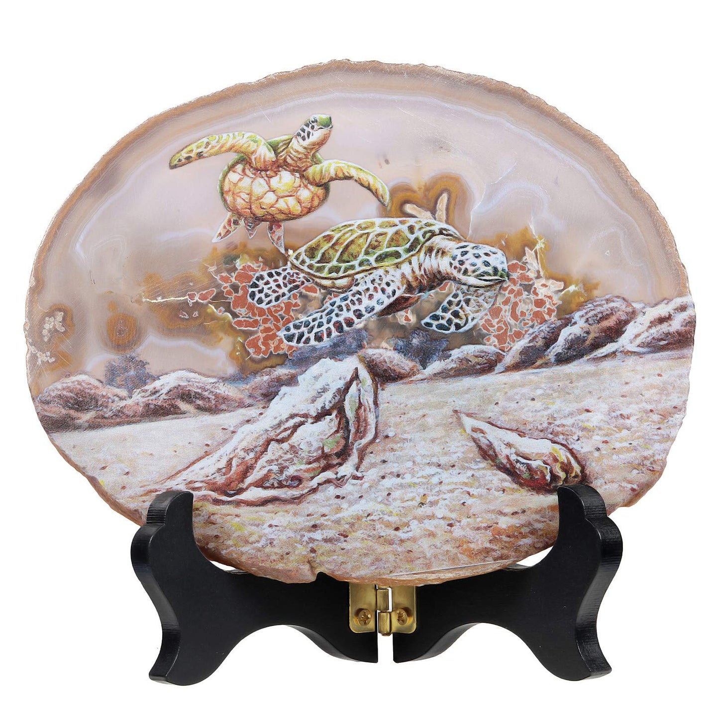 rockcloud Sea Turtle Agate Slab Display with Wooden Stand Irregular Shape Aagte Slice Stone Home Office Desk Ornament