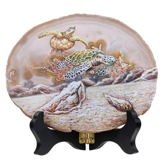 rockcloud Sea Turtle Agate Slab Display with Wooden Stand Irregular Shape Aagte Slice Stone Home Office Desk Ornament