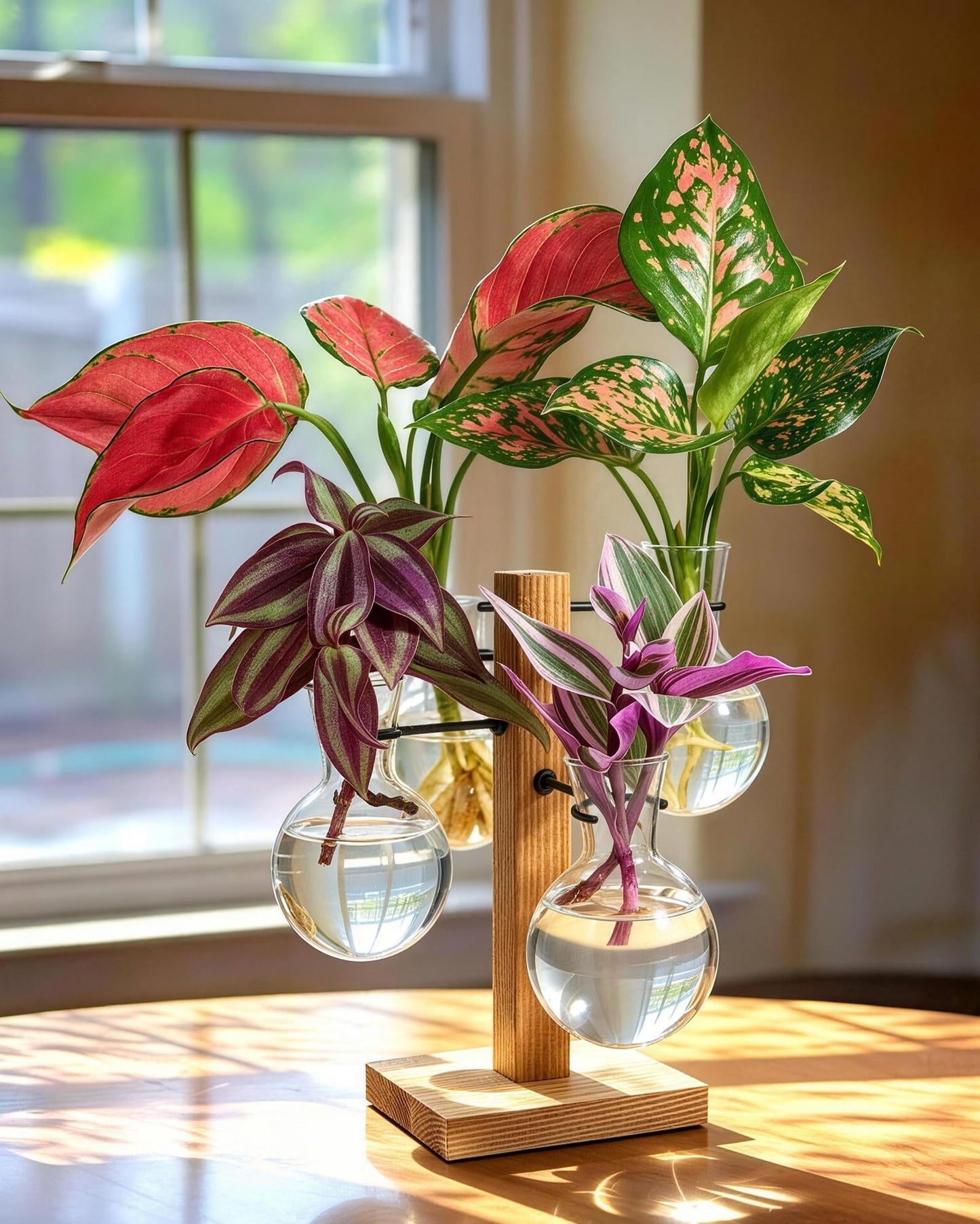 Mihoutal Plant Propagation Stations with Wood Stand, Plant Terrarium for Home Office Garden Decor, Gardening Gifts for Plant Lovers, 4 Glass Propagation Vases (Bulb Shape)