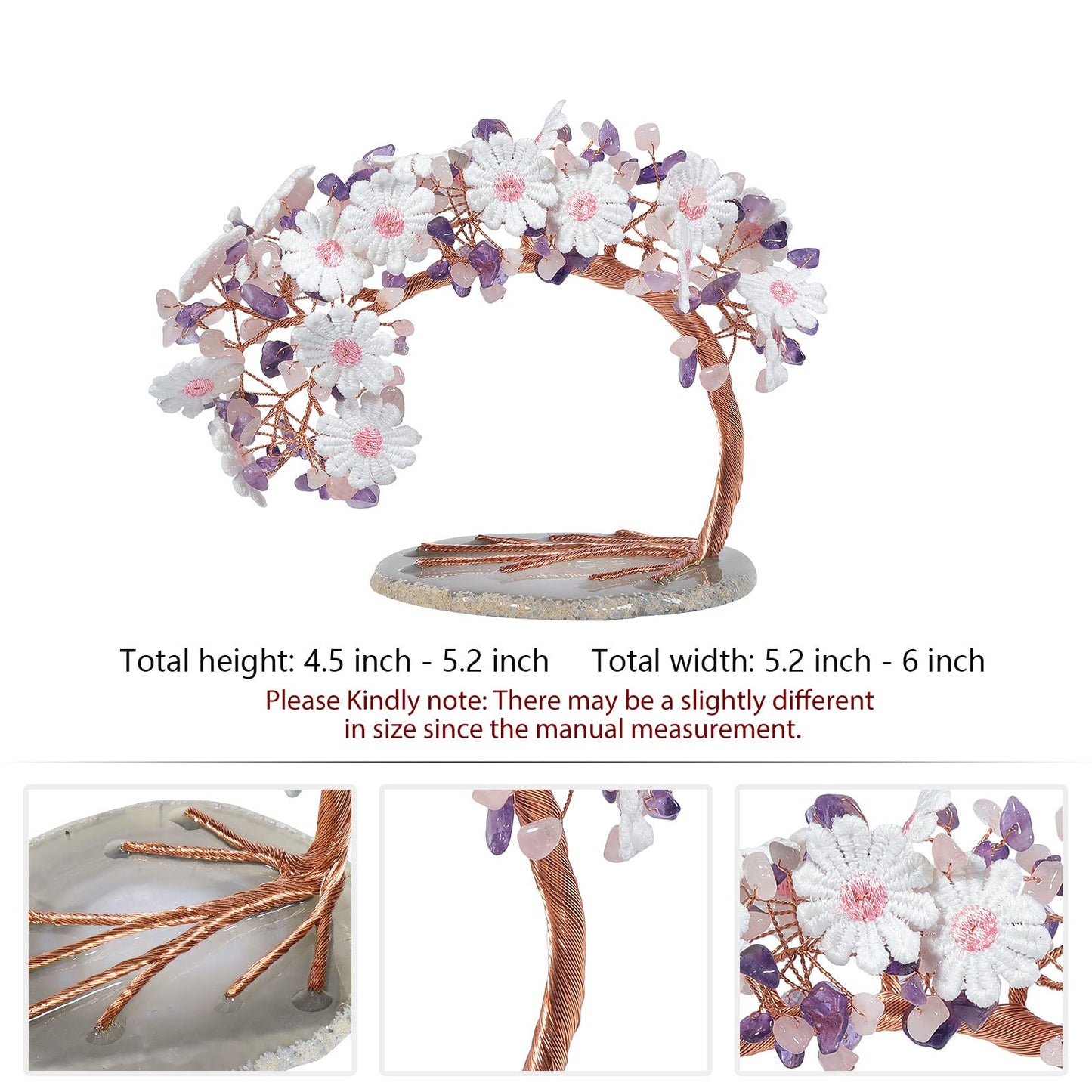 rockcloud Amethyst&Rose Quartz Money Tree Lace Flower with Agate Slice Base