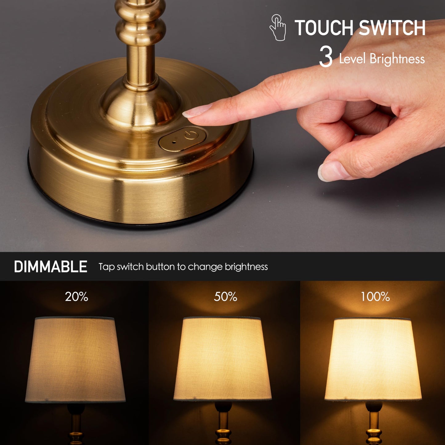 O’Bright Seraph mini – Cordless LED Table Lamp with Dimmer, Built-in Rechargeable Battery, 3-Level Brightness, Patio Table Lamp, Bedside Night Lamp, Ambient Light for Restaurant, Antique Brass
