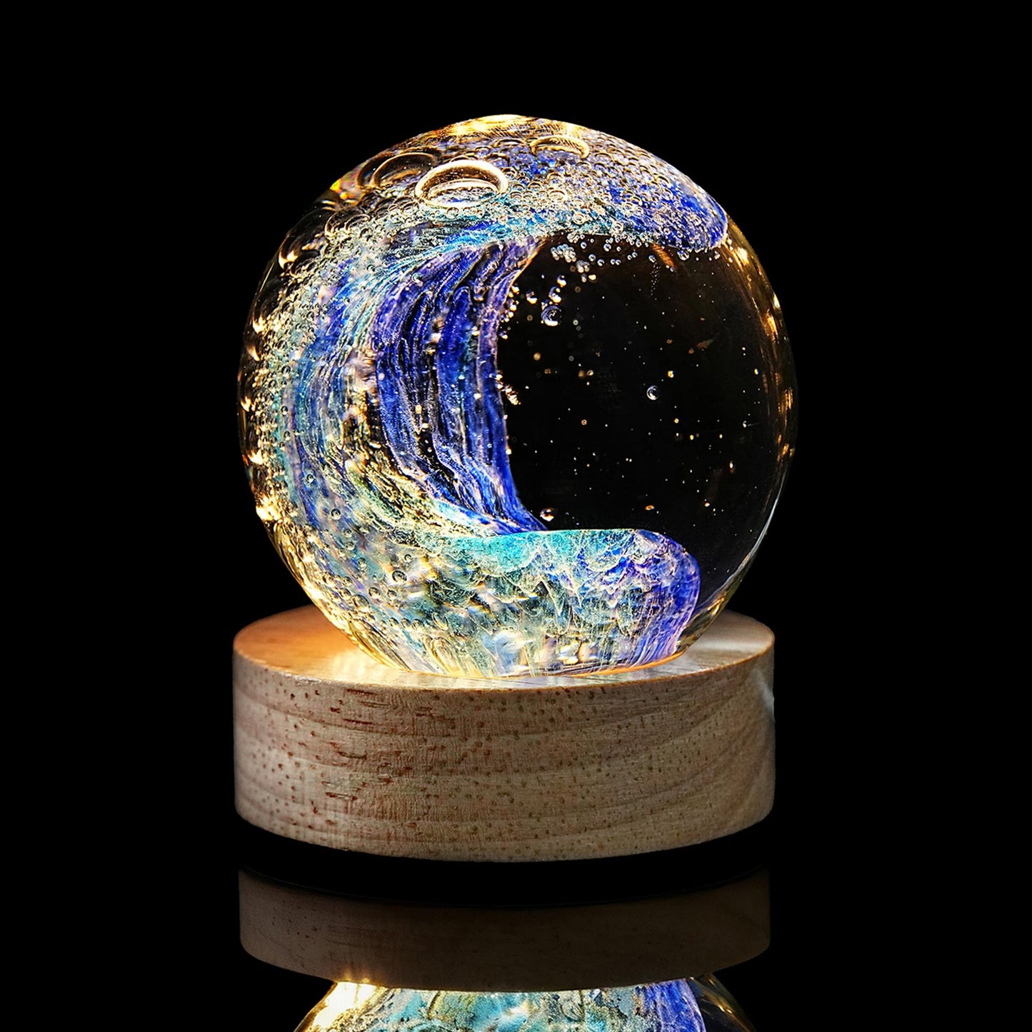 LOULIQIGIFT Hand Blown Glass Ocean Waves Ball 2.36in Crystal Ball with Wooden Light Base Sea Glass Art Beach Decor for Home Office Gifts for Ocean Lovers
