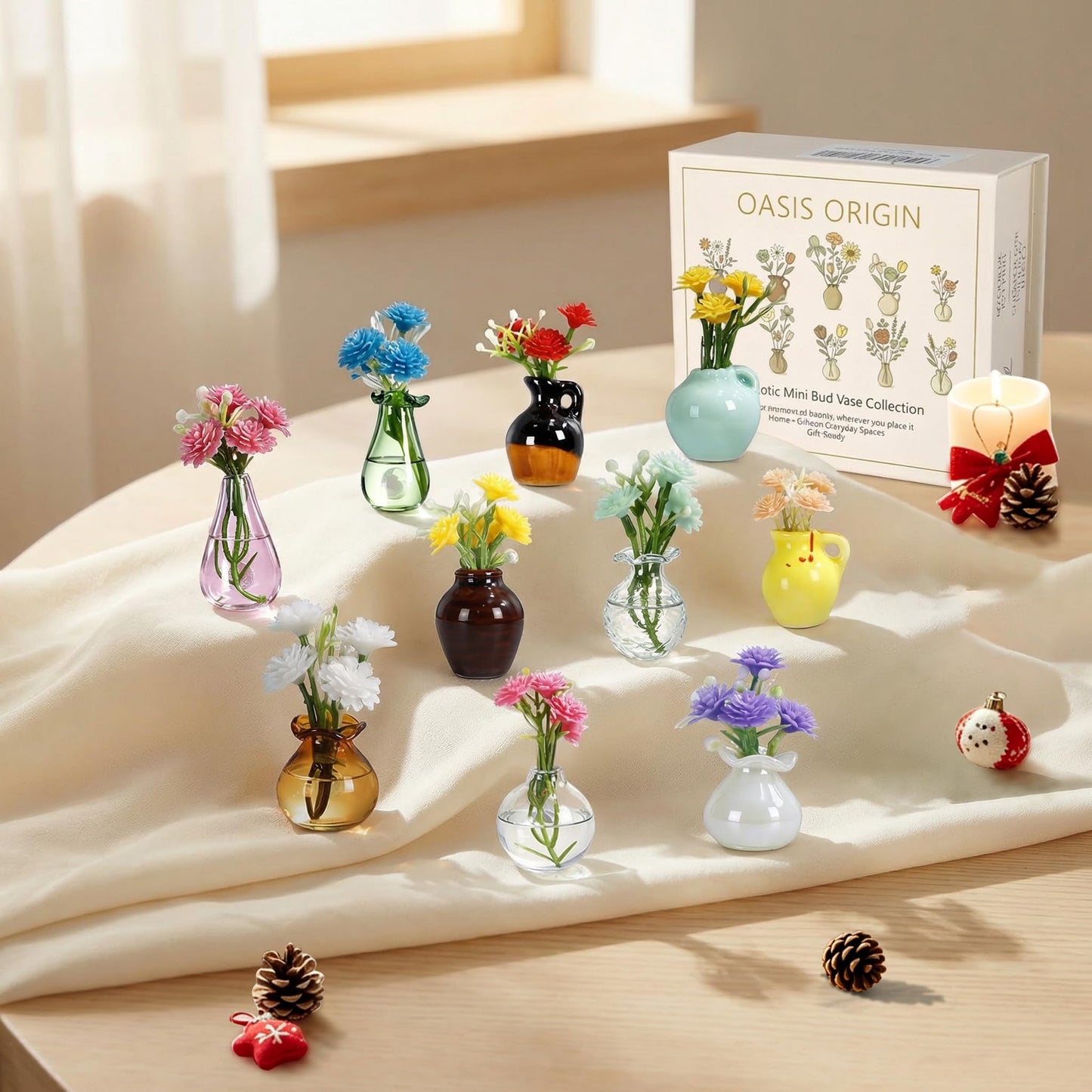 Oasis Origin Hand-Blown Mini Vase Magnets for Fridge, Set of 10 Artisan Glass & Ceramic Bud Vases, Each One Unique, Tiny Garden Decor Gift for Mom, Teachers & Coworkers