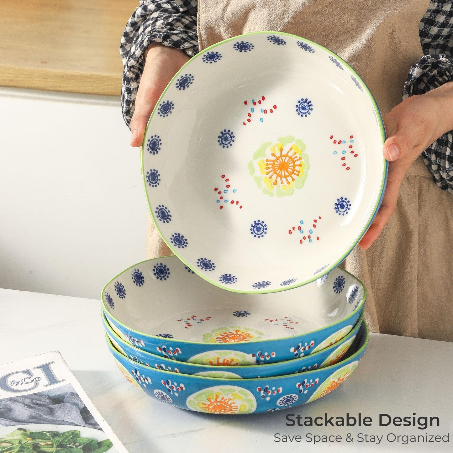 Hand-Painted 9 Inch Soup and Pasta Plate Set of 4,Wide and Gently Deep Ceramic Dinner Plates for Salad Breakfast Everyday Meals,Microwave Oven Safe up to 480°F,Lead-Free Stoneware,Giftable Ocean Blue