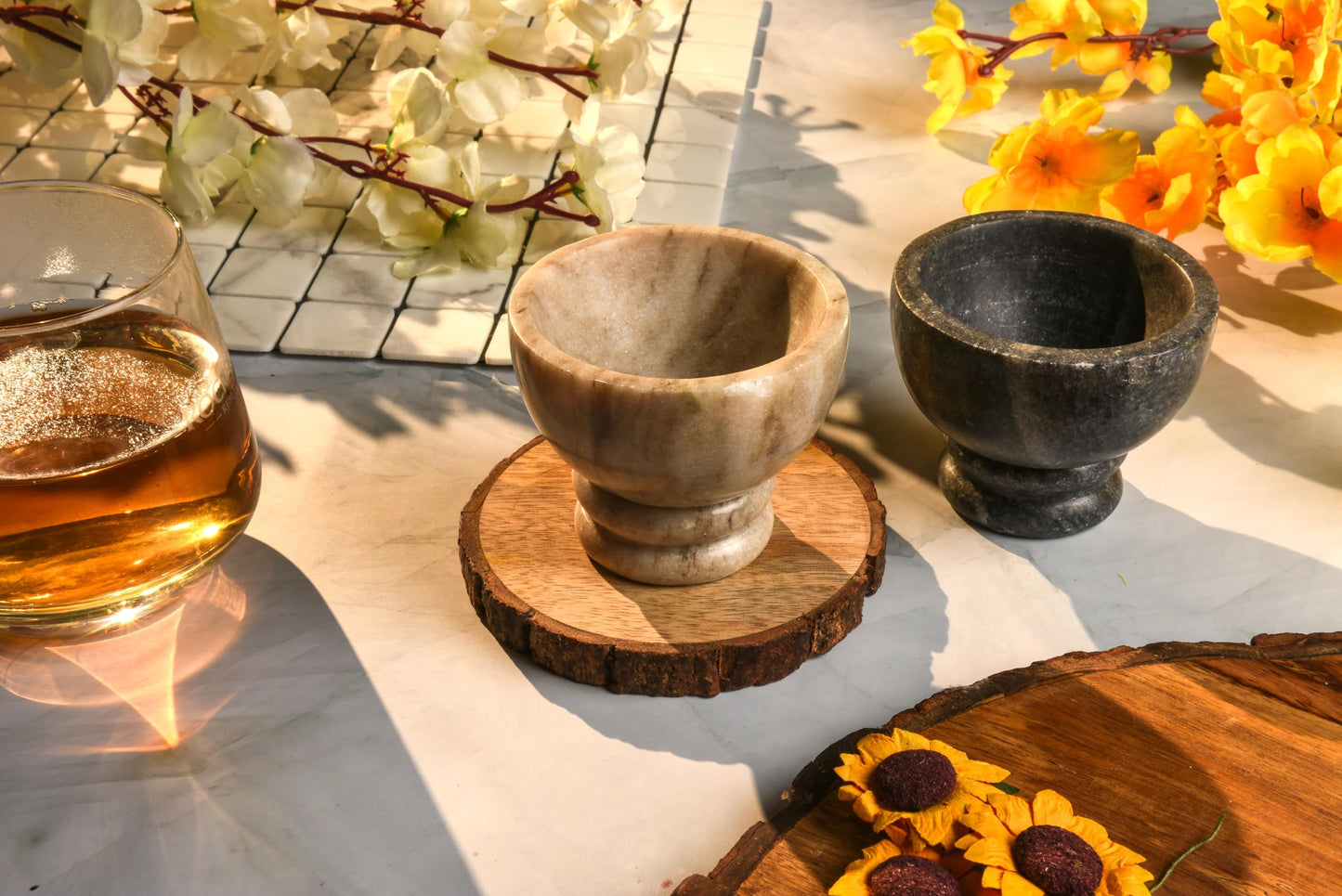 Cruiser’s Caché Marble Salt and Spice Cellars or Dipping Bowls with Gold Spoons | Set of 3