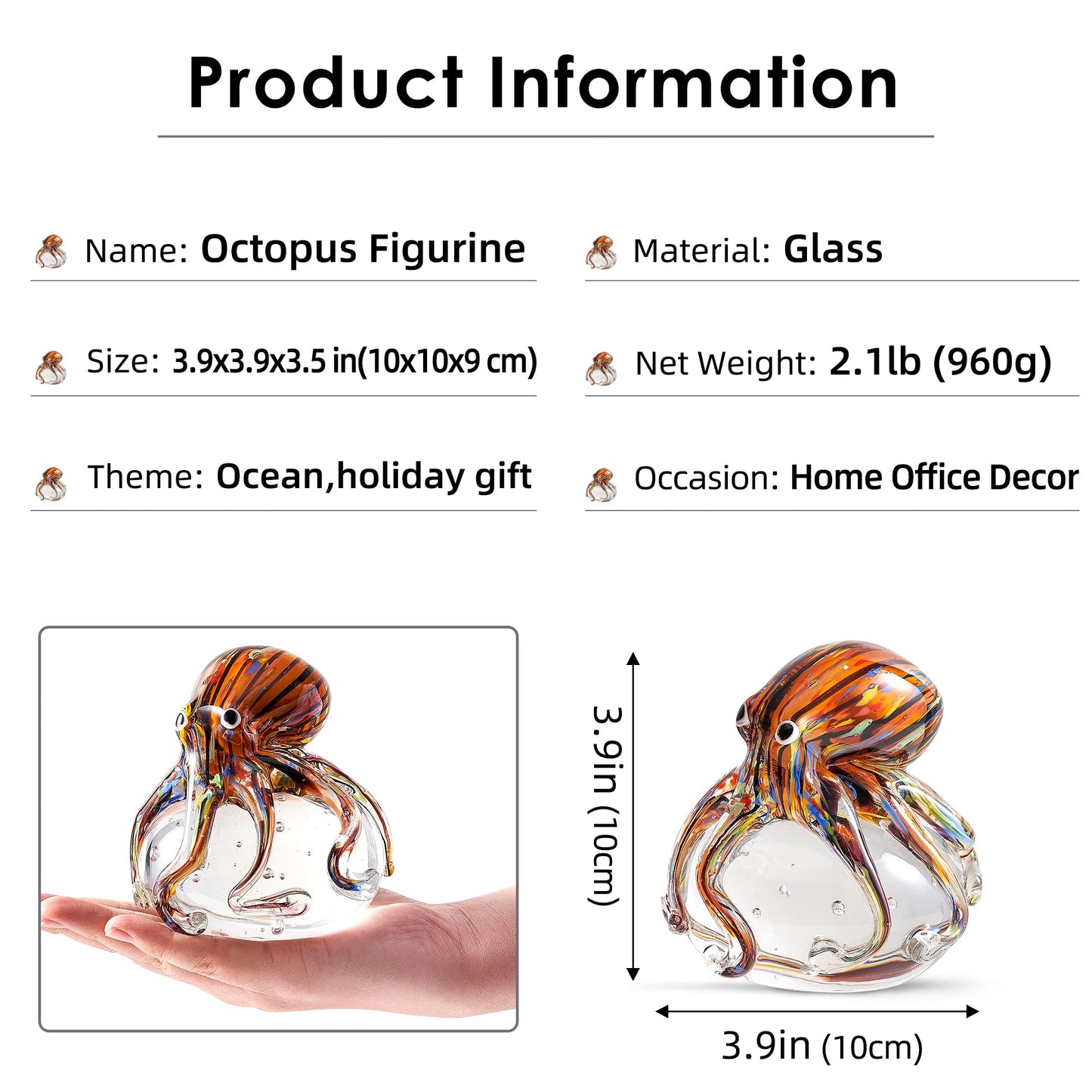 EUSTUMA Hand Blown Glass Octopus Figurine Ornament,Sea Animal Ornament for Fish Tank Aquarium,Sea Animals Collection for Birthday Gift,Glass Office Paperweight for Desk.