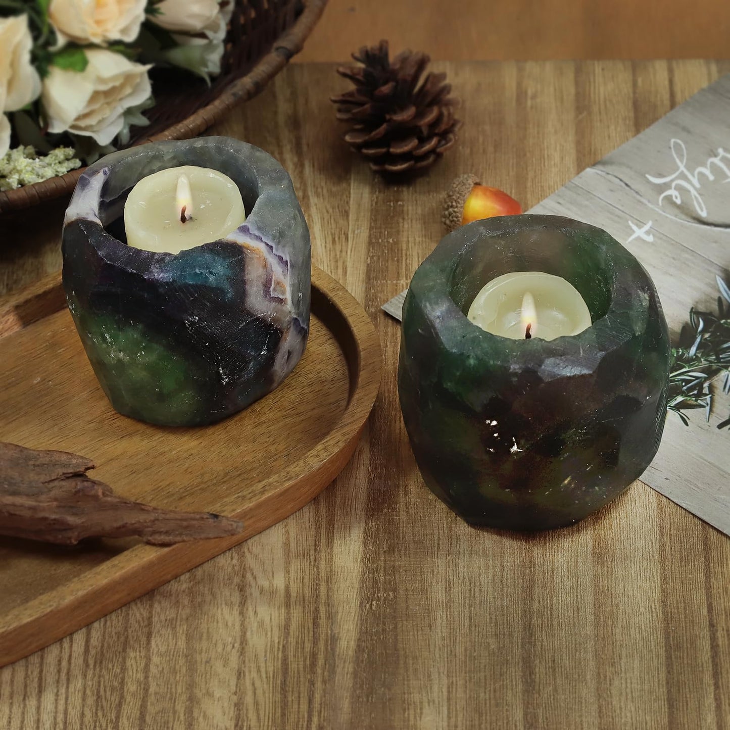 SUNYIK Natural Fluorite Tea Light Candle Holder Raw Crystal Air Plant Holder Desk Decor Figurine for Healing Meditation