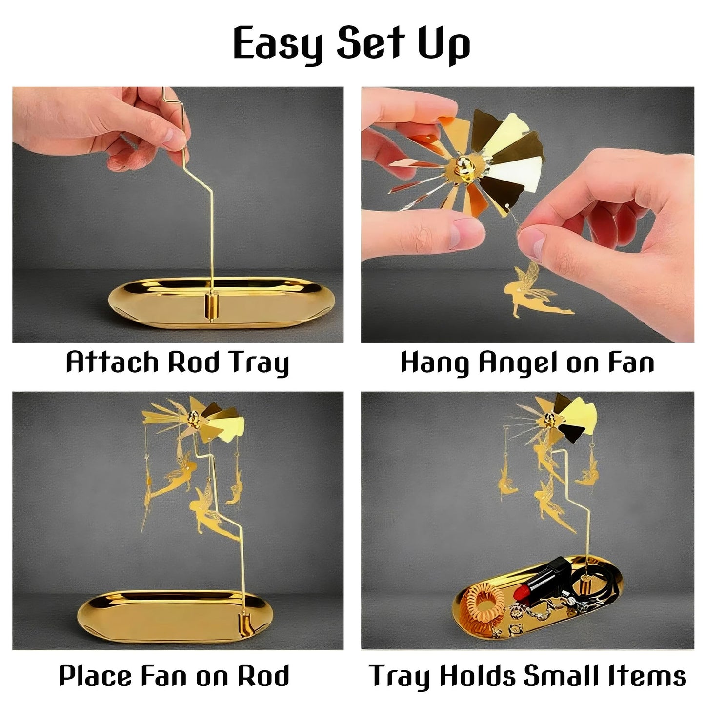 Gold Rotating Candle Holder, Spinning Fairy Carousel for Tealights, Decorative Centerpiece with Jewelry Tray (Fairy)