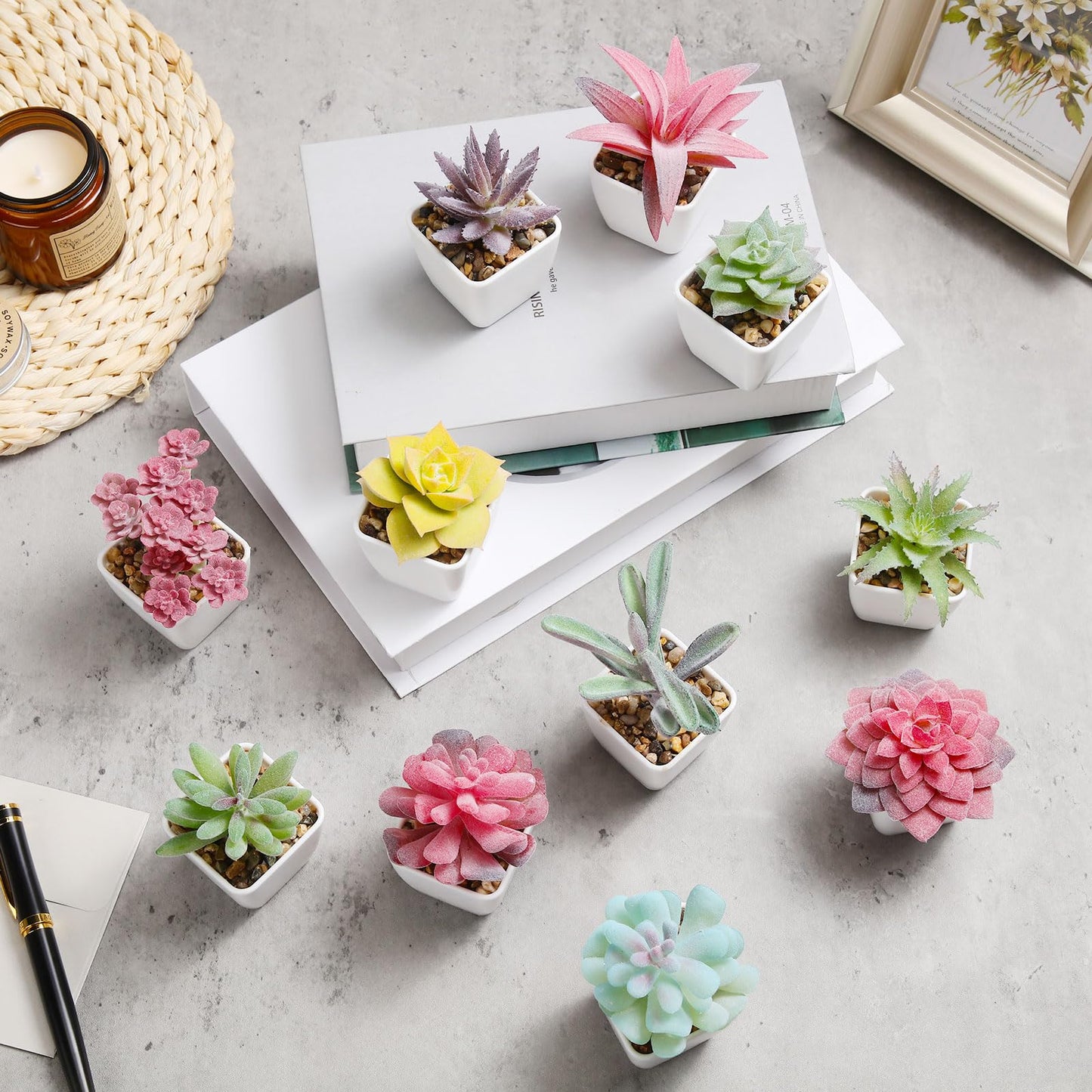 Glitinsel 60 Pcs Mini Artificial Succulent Plants Potted Assorted Decorative Fake Succulent Plants with Pots Small Faux Succulents in Pots for Room Bookshelf Desk Bedroom (Endless Summer Collection)