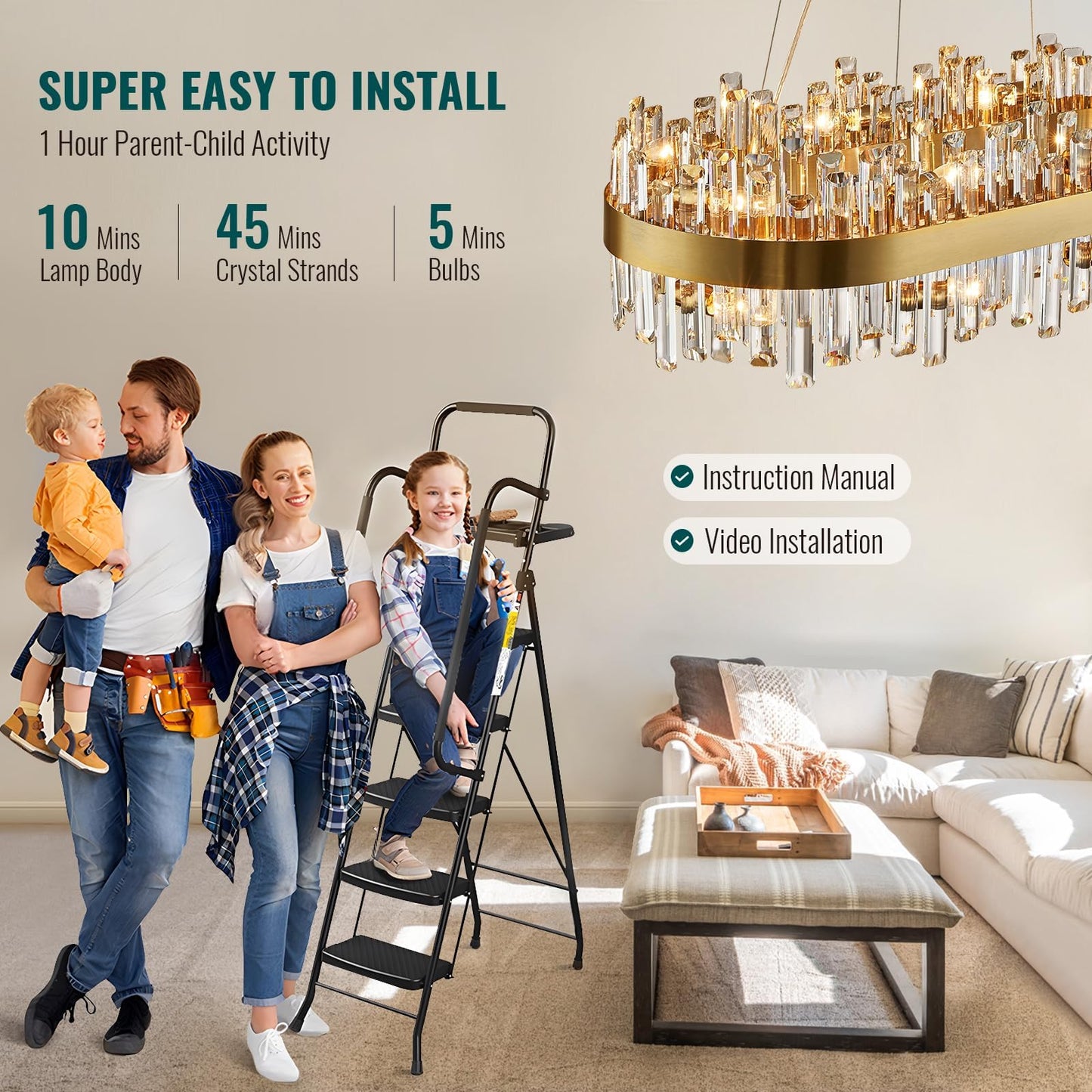 Siljoy Rectangle Gold Crystal Chandelier, 16-Light Modern Dimmable K9 Crystal Raindrop Chandelier, Adjustable Height Oval Crystal Pendant Ceiling Light for Living Dining Room Kitchen L35.4''