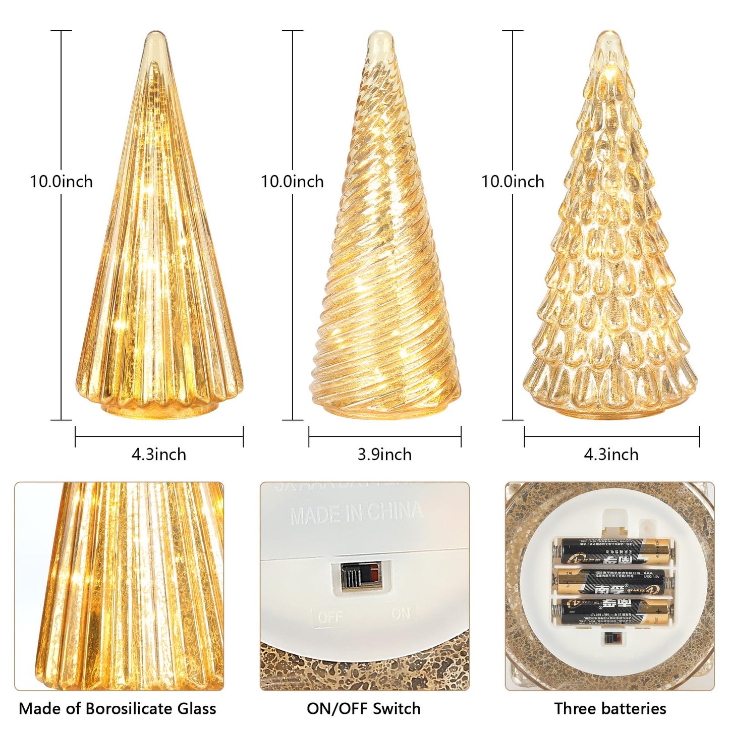 Table Top Christmas Tree Decorations with Fairy Lights,Gold Mercury Glass Finish, Holiday Table Centerpiece and Mantle Decor Set of 3 Assorted Trees