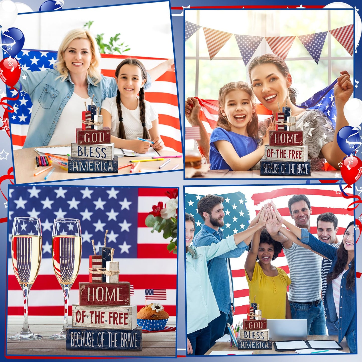 Moucuny 4 Pcs 4th of July Table Decorations Reversible Memorial Day Table Centerpiece Patriotic Fireworks Block Sign with String for 250th Anniversary USA Tiered Tray Home Shelf Decor
