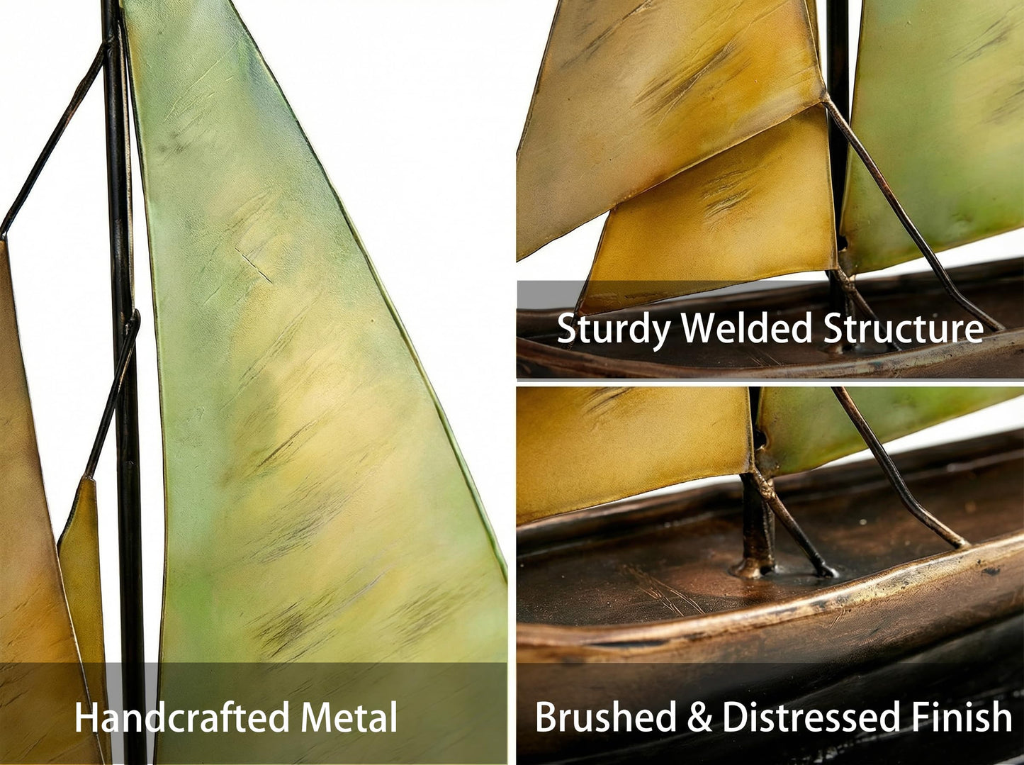 Octdays Metal Sailboat Sculpture, Modern Iron Boat Statue Home Decor for Living Room Bedroom Office Entryway Fireplace, Handmade Nautical Art Ornament (Yellow and Green Sailboat)