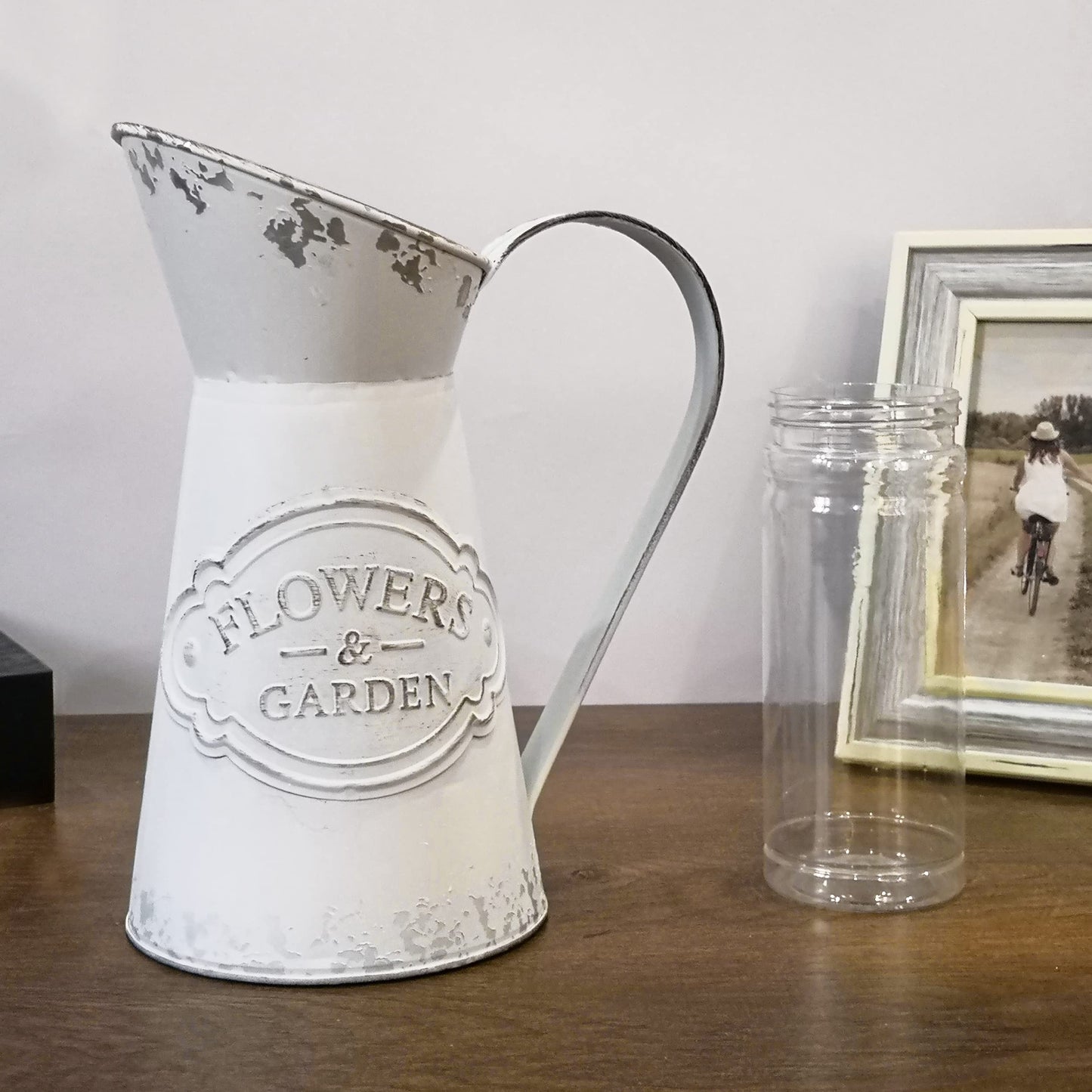 Rustic Vase for Flowers, Small White Metal Shabby Chic Jug, Farmhouse Vase for Home, Kitchen,Living Room - 8.7"(White)