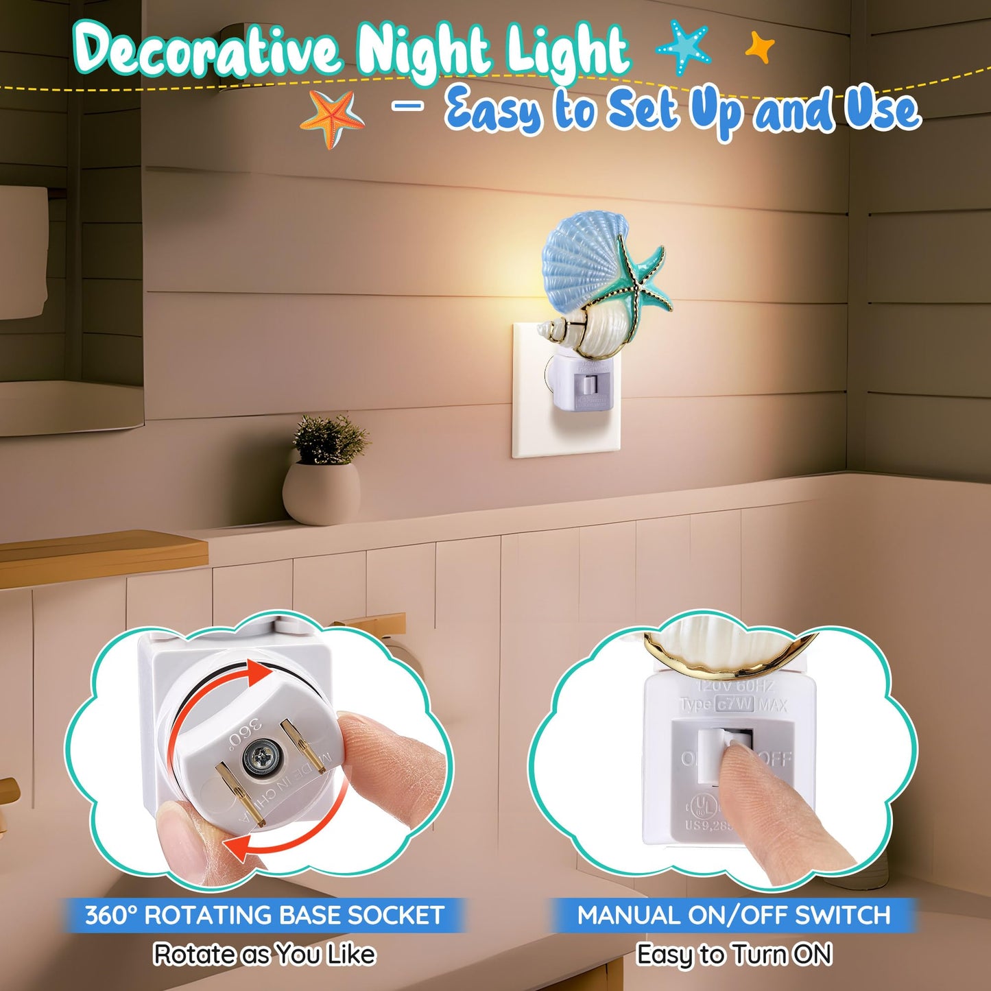 Hohean Seashell Night Light, Beach Night Light Plug into Wall with Manual On/Off Switch, LED Energy-Saving Lamps, 360° Swivel Plug, Beach Decor Coastal Decor for Bedroom Bathroom(Starfish)