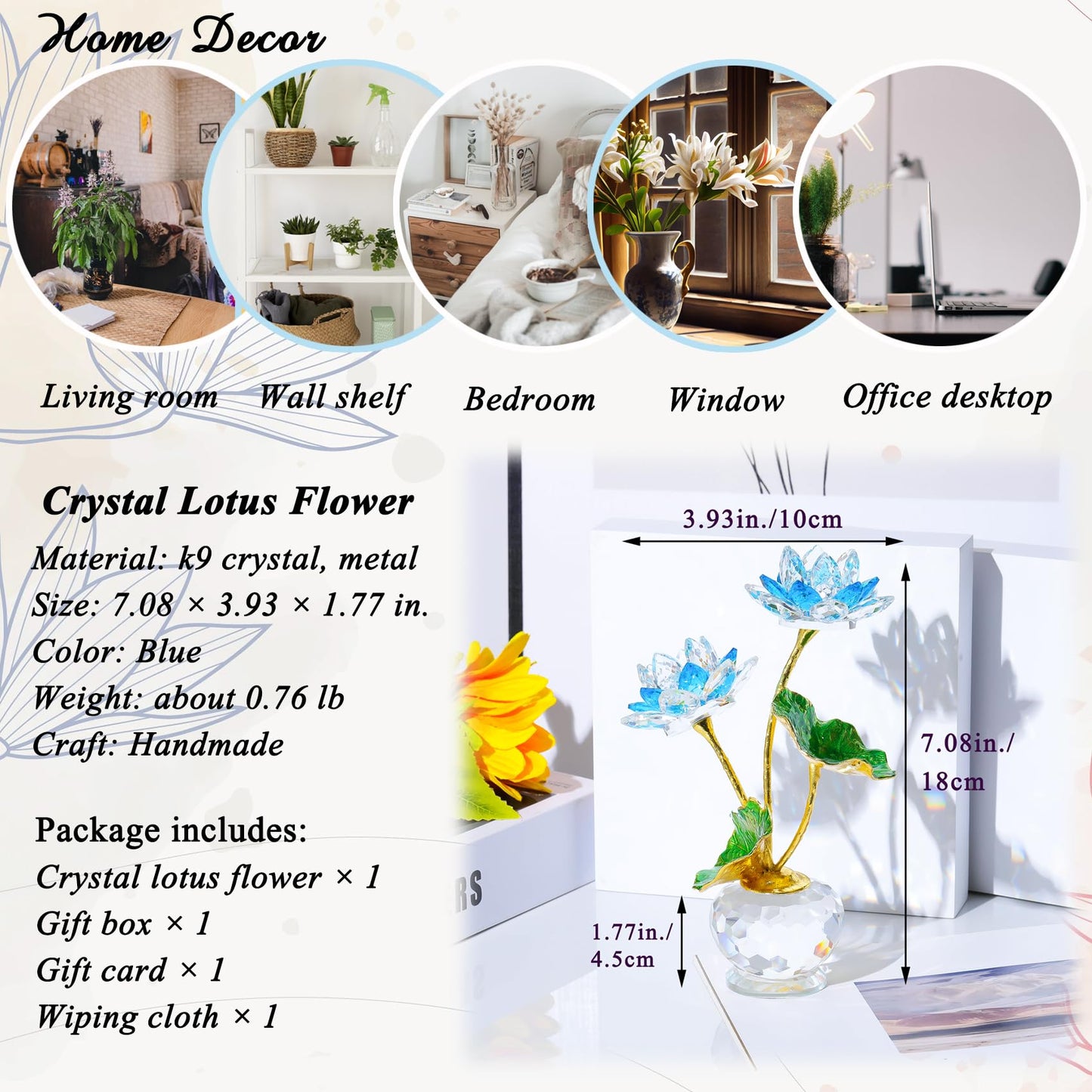 YWHL Blue Crystal Lotus Flower Figurine with Vase, Handmade Lotus Gifts Bouquet for Women on Birthday Christmas Mother's Day, Glass Lotus Flower Home Party Office Decor