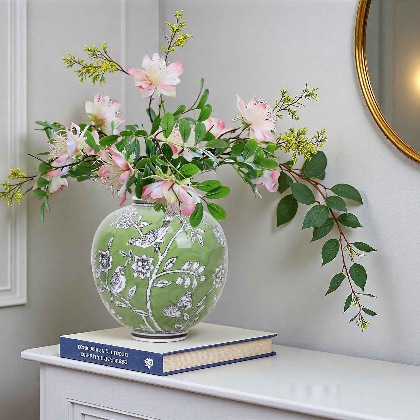 Large Ceramic Vase, 10.8 Inch Green Decorative Vases for Living Room, Hand-Painted Chinoiserie Decor Round Vase with Antique Floral-Bird Pattern, Porcelain Vase for Flowers Arrangement