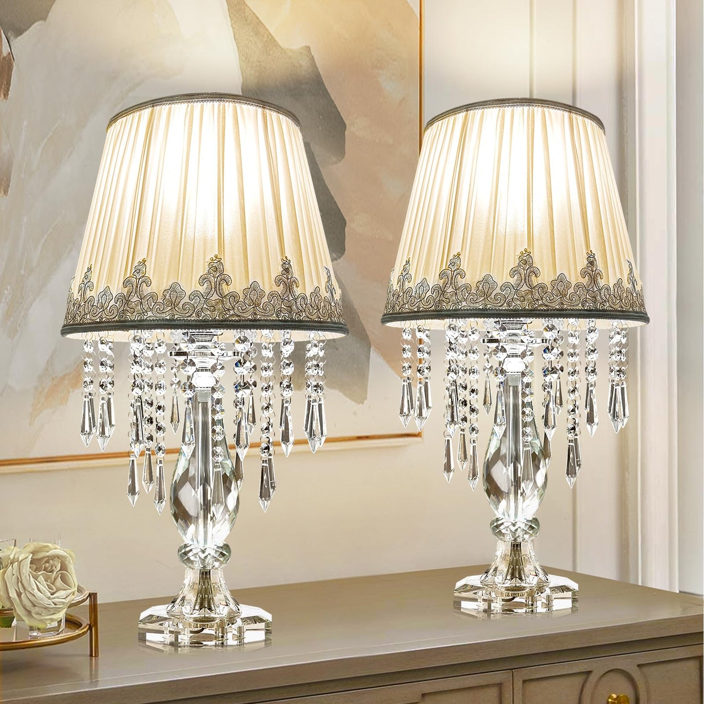 Siljoy Crystal Table Lamp Set of 2, Dimmable Bedside Lamp with Fabric Shades, Farmhouse Nightstand Lamps with K9 Crystal Strands for Living Room Bedroom 22.8 High