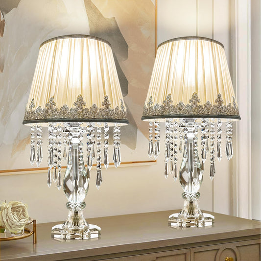 Siljoy Crystal Table Lamp Set of 2, Dimmable Bedside Lamp with Fabric Shades, Farmhouse Nightstand Lamps with K9 Crystal Strands for Living Room Bedroom 22.8 High