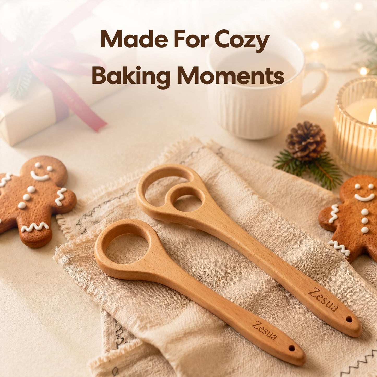 Set of 2 Wooden Dough Whisk, 13'' and 9.8'' One-Piece Solid Beech Wood Danish Dough Whisk for Sourdough, Bread, Pizza Pastry Mixing, Easy Clean Wooden Dough Mixer for Baking