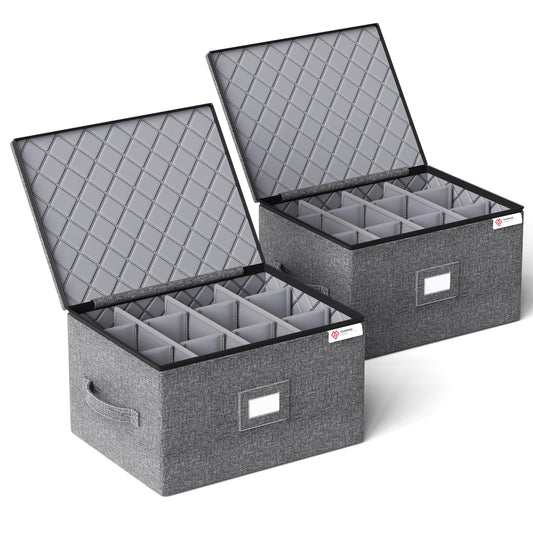 YearningHome 2 Pack Wine Glass Storage Box with Dividers,Stemware Storage Cases with Sturdy Handle and Hard Shell for Glassware Crystal Storage,Transport and Moving,Holds 12,Grey
