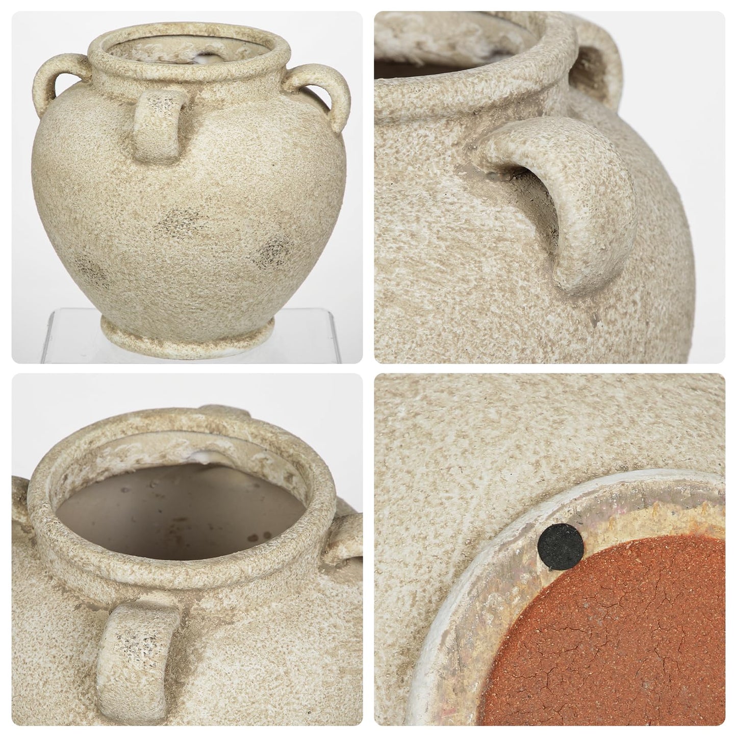 Rustic Ceramic Vase with Handles – Antique-Style Beige Farmhouse Pottery Decorative Urn for Table Centerpiece, Mantel, Shelf, or Entryway Home Décor