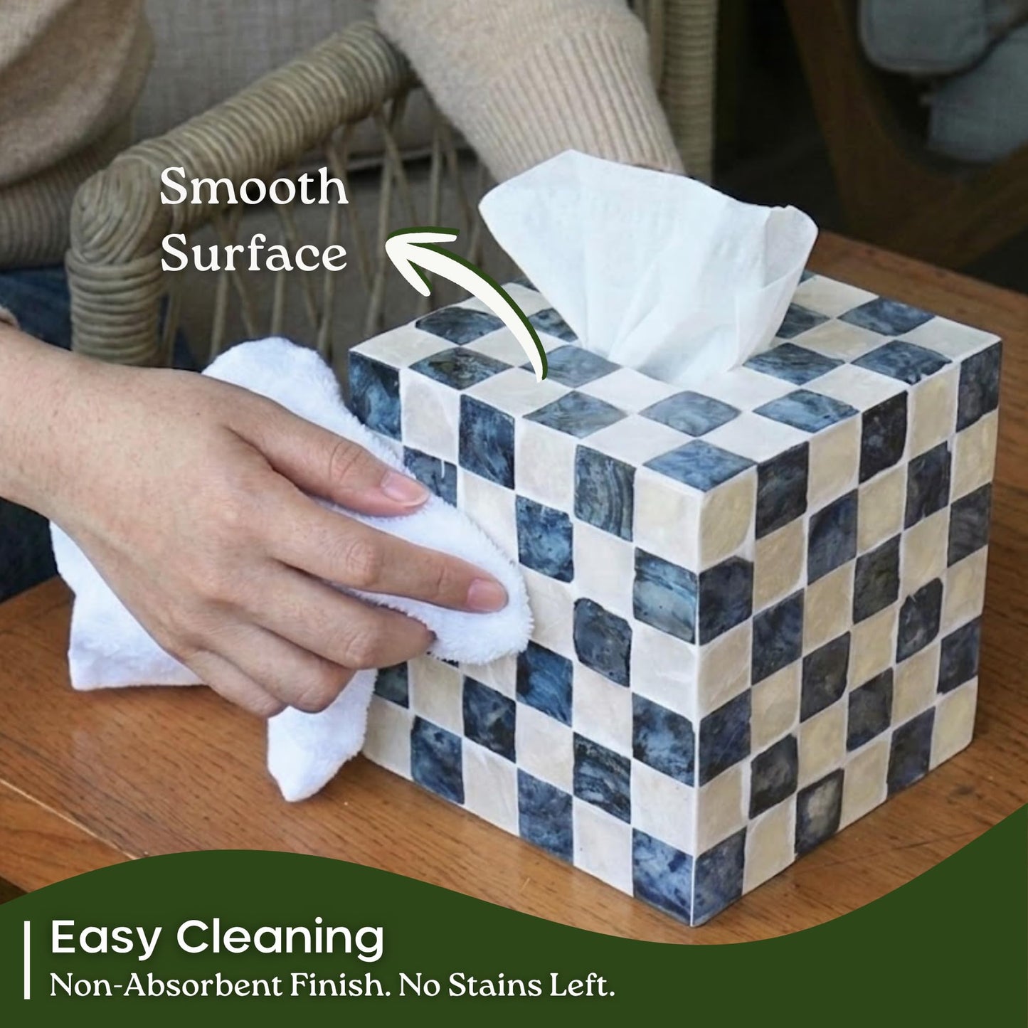 CHI AN HOME 5.5" Square Tissue Box Cover, Handmade Checkered Cube Tissue Box Cover with Capiz Shells, Decorative Mother of Pearl Tissue Holder for Living Room, Bathroom, Bedroom or Office (Navy Blue)