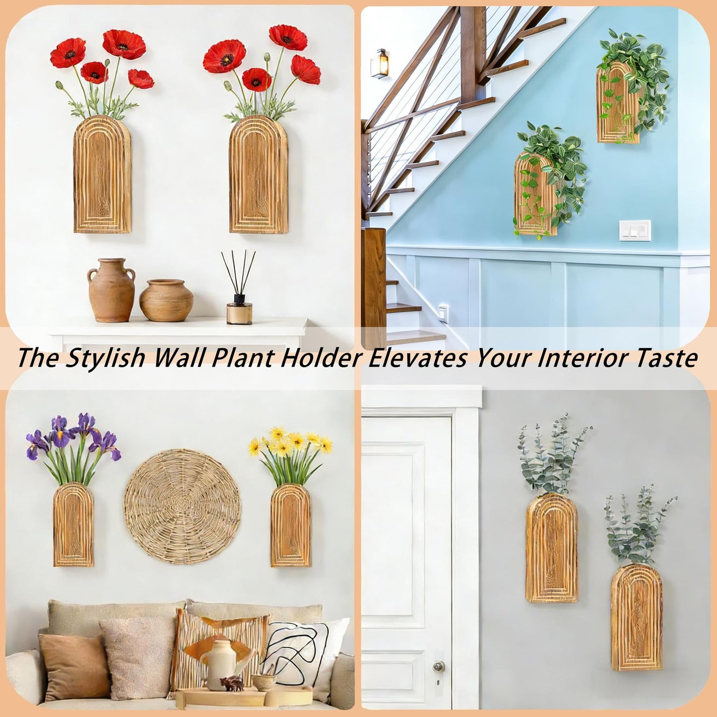 2 Pack Wooden Wall Vase Set, Boho Hanging Planter