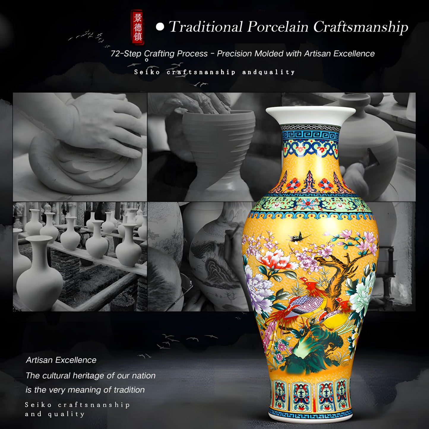 Kaolirra Large Ceramic Vase - 17 Inch Jingdezhen Enamel Modern Luxury Floor Vase for Living Room, Traditional Home Decor for Flowers, Elegant Housewarming Gift & Collection Art Piece (Gold)