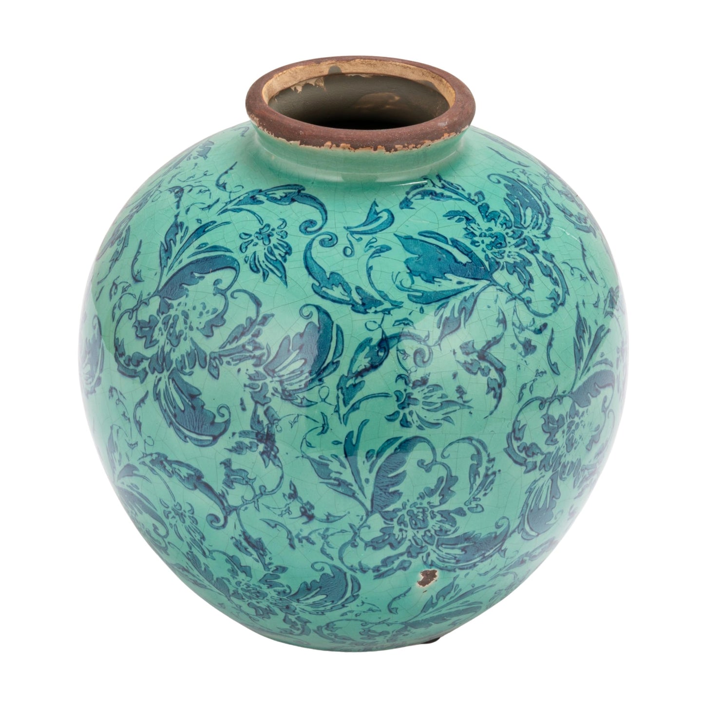 Creative Co-Op Round Decorative Terra-Cotta Vase with Transferware Pattern, Aqua