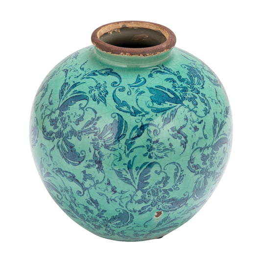 Creative Co-Op Round Decorative Terra-Cotta Vase with Transferware Pattern, Aqua