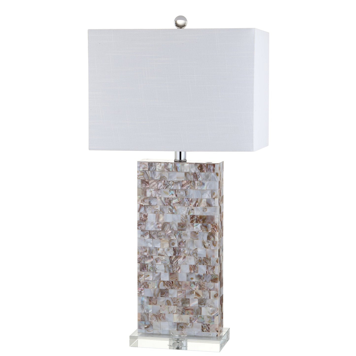 JONATHAN Y 29" Natural Seashell and Crystal Table Lamp, Coastal Mosaic Capiz Shell Bedside Lamp for Living Room Bedroom, White Linen Rectangle Shade, LED Bulb Included JYL1059A