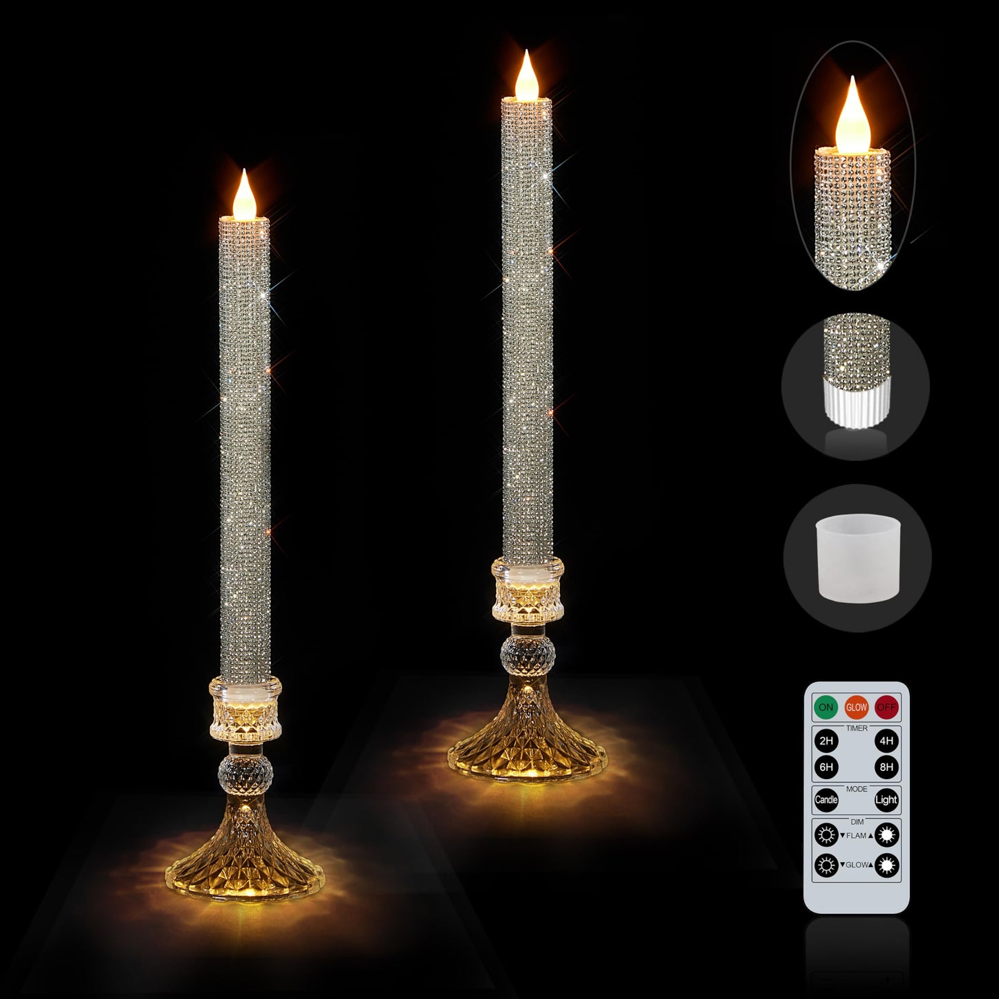 MISSTIME Flameless Taper Candles Wish Illuminated Holder-Glass Candle Holder, Remote Timer 2AA Battery Operated 500+ Hours for Thanksgiving/Xmas Decor, Wedding Centerpiece (Crystal Silver, 2 Pack)
