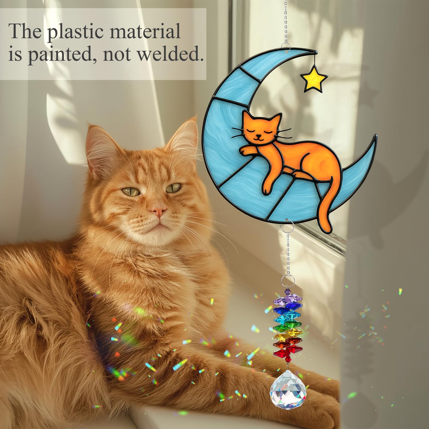 MALFIRST Orange Cat Suncatcher – Cute Orange Cats Hanging on Crescent Moon – Tabby Cat Gifts for Women, Home Window or Garden Decor