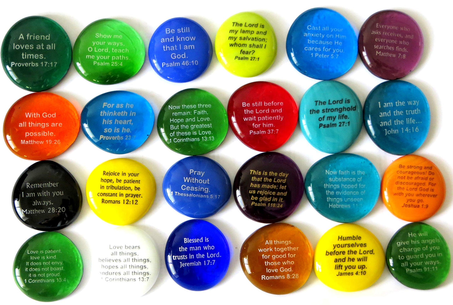 Lifeforce Glass Scripture Glass Stones, 24 of Your Favorite Inspiring Bible Verses on Translucent and Opaque Rocks, Set II.