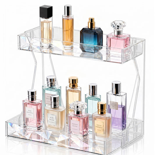 Perfume Organizer for Vanity, Premium Clear Acrylic Makeup Organizer Countertop with Non-Slip Trays, Easy 30-Second Assembly, Holds 12–16 Bottles for Bathroom & Dresser (Crystal Clear)