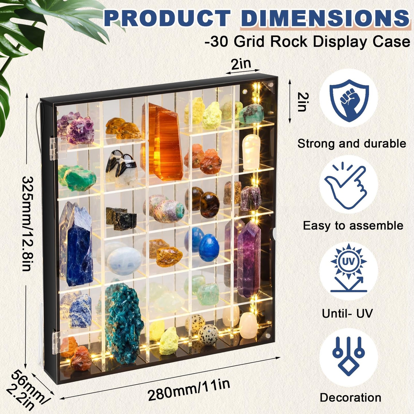 Cinnvoice Rock Display Case LED Adjustable Acrylic Display Case with Mirrored Crystal Organizer for Collectible, Mineral Crystal, Stones, Wall Mount, Magnetic Door