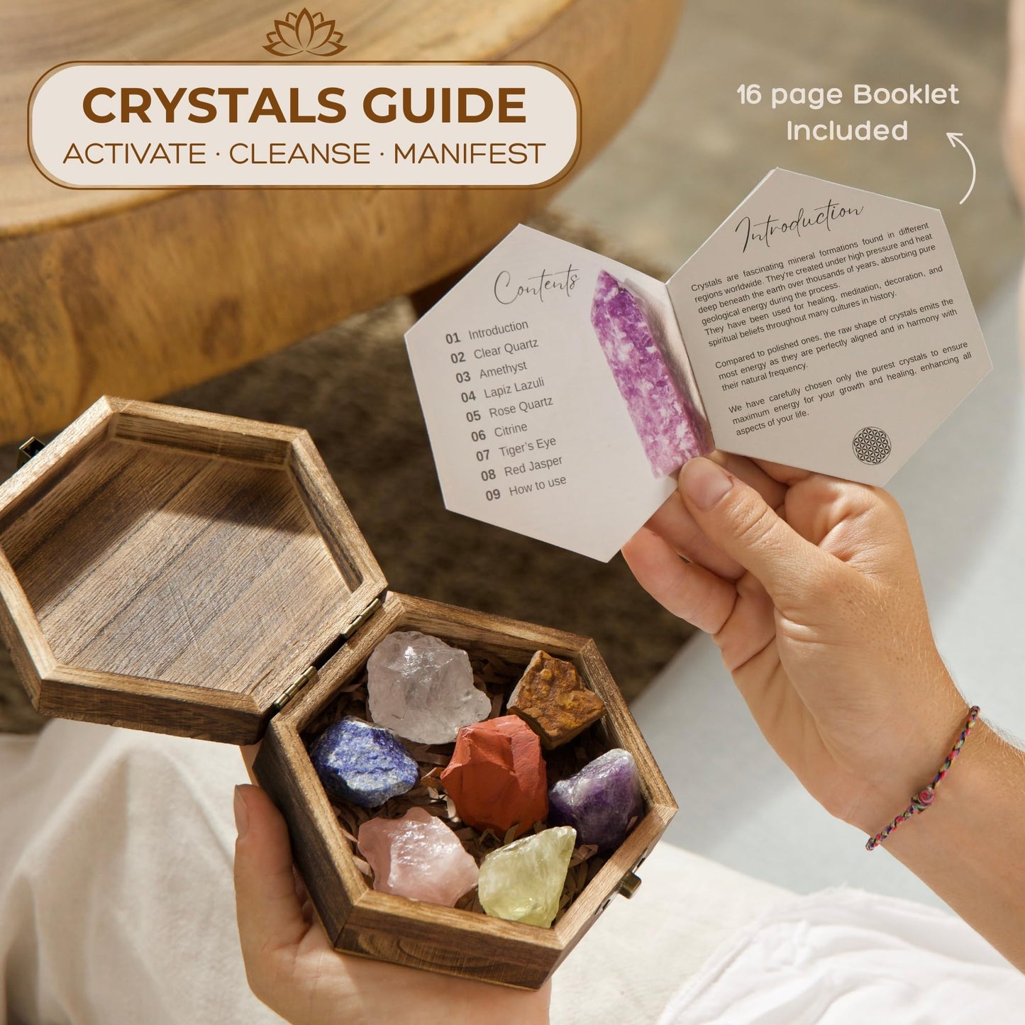 Anima Premium 7 Chakra Healing Crystals Set for Energy Alignment - Large Raw Amethyst, Rose Quartz, Citrine, Lapis Lazuli, Clear Quartz, Tigers Eye & Red Jasper - Wooden Gift Box & Guidebook Included
