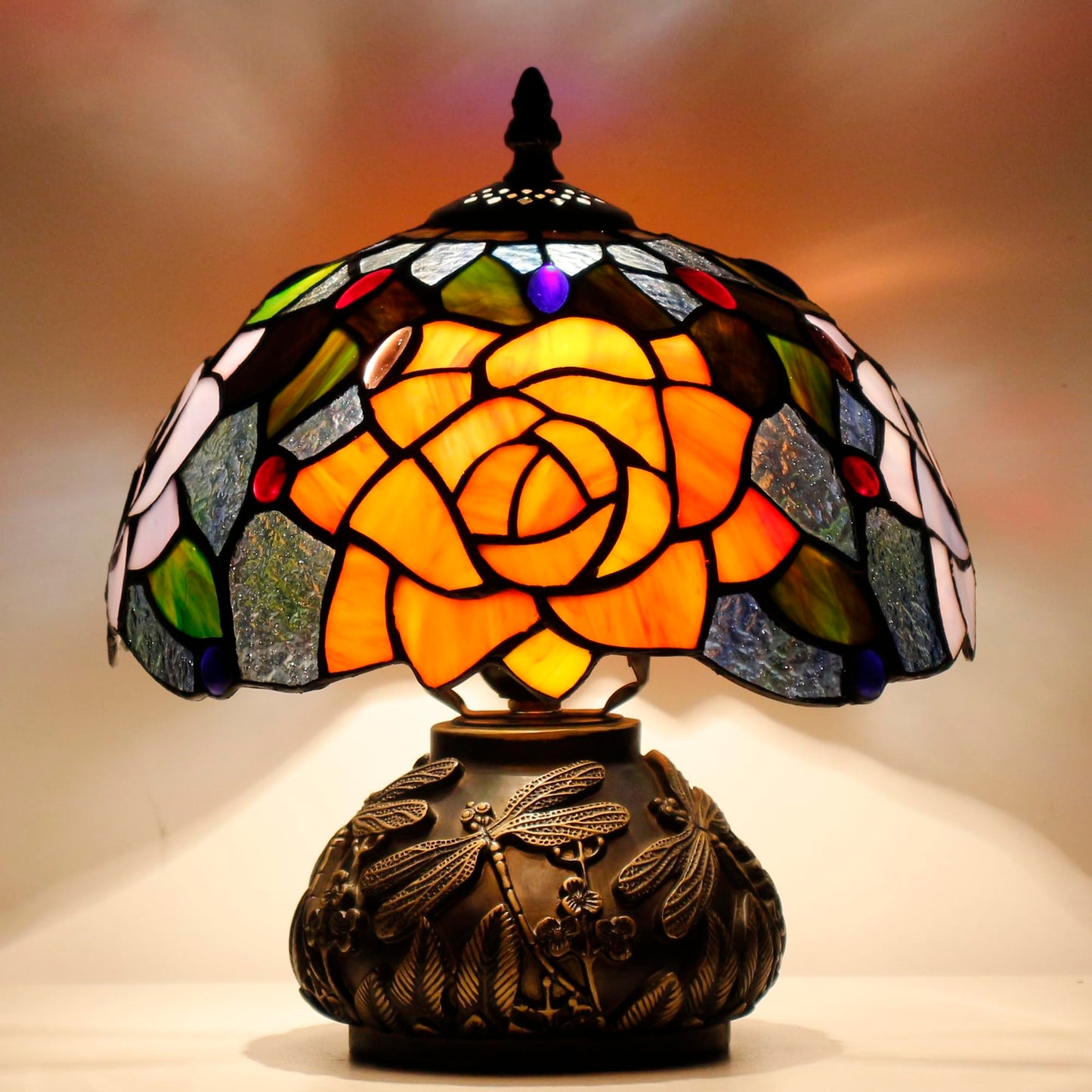 SYETL Small Tiffany Table Lamp Yellow Purple Rose Style Stained Glass Desk Lamp 10X11.5 Inch Mushroom Table Light for Office Home Living Room Bedroom
