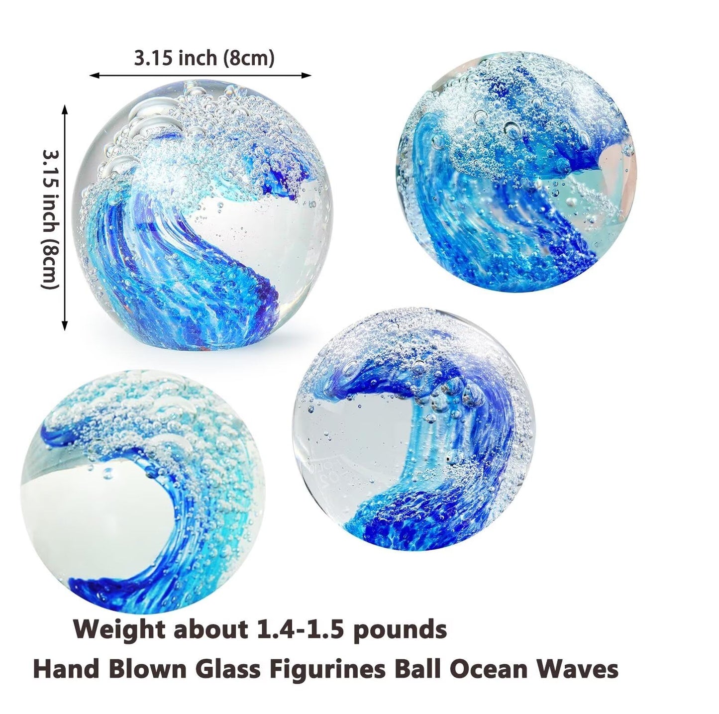 FZBHRO Decorative Crystal Ball Figurines Ocean Waves Paperweight Blown Glass Decor Sea Art Ocean Lovers Gift Blue 3.15"