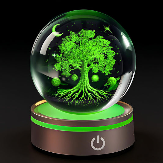 80mm Tree of Life Crystal Ball with Colorful LED Base 3D Laser Engraved Glass Figurines Home Decor Spiritual Growth Birthday Gifts for Women Men Decorative Globes Plant Sphere Night Light for Room