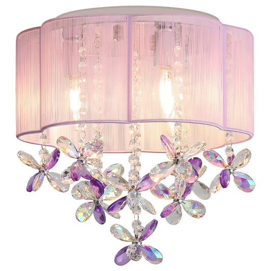 3 Light Bedroom Chandelier Ceiling Light Pink Lamp 13" Small Crystal Mini Chandelier Flush Mount Ceiling Light with Handmade Flower Lampshade for Girls' Bedroom,Closet,Nursery,Dinning Room Purple