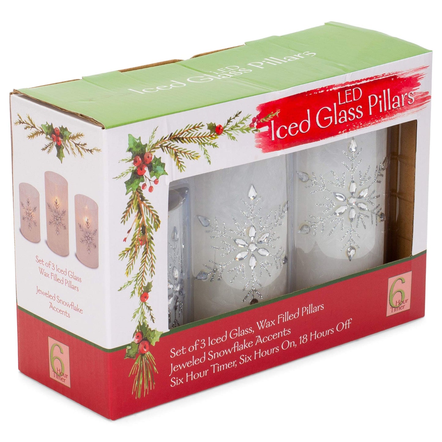Mark Feldstein & Associates Jeweled Snowflake Iced Glass Flameless Pillar Candles Assorted Set of 3