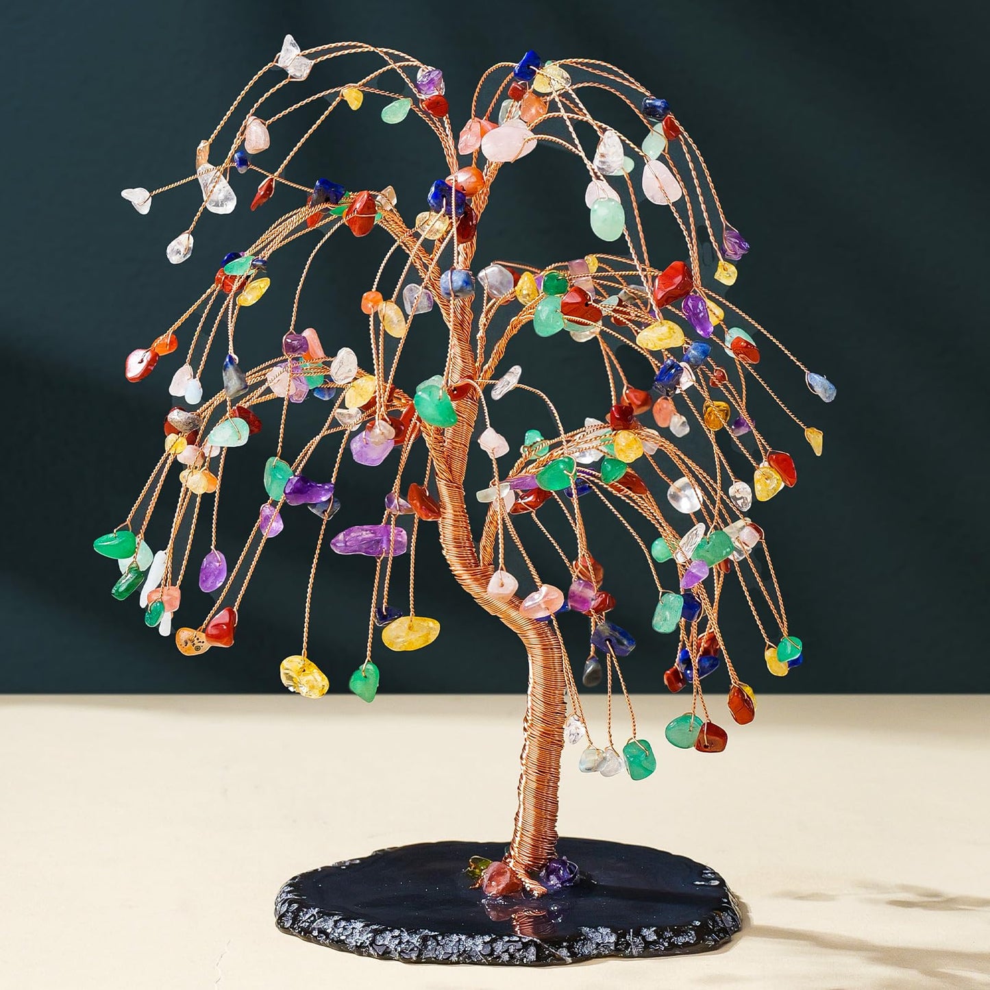 Runyangshi Chakra Crystal Tree of Life Handmade with Copper Wire - 7-8" Natural Healing Crystal Willow Tree Geode Agate Slices Base for Home Decor, Feng Shui Gifts, Office Desk Ornament